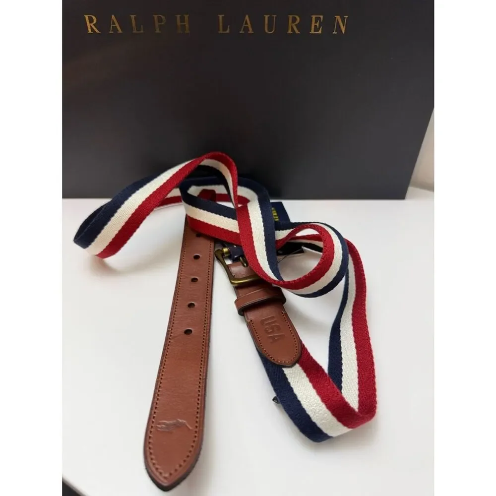 Polo Ralph Lauren Men’s 3X Canvas Stripe Belt Leather Golf Classic Preppy